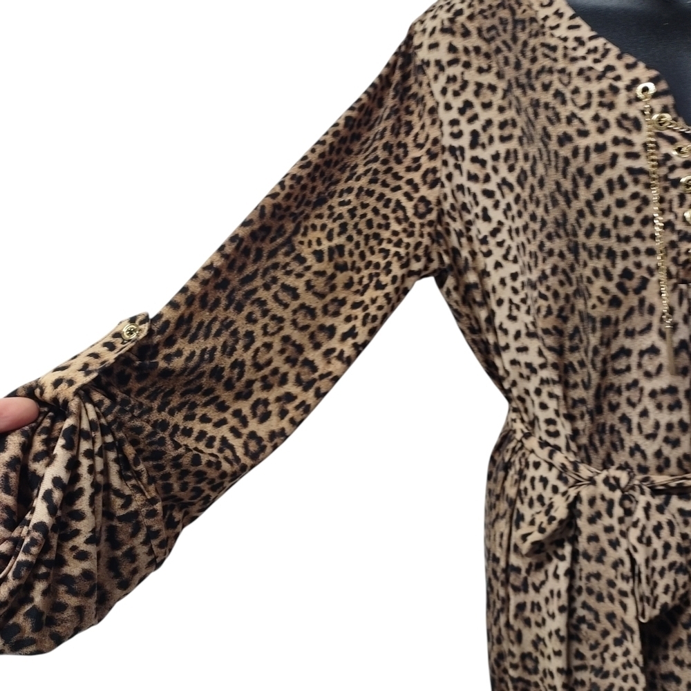 MICHAEL KORS Leopard Print Chain Lace-Up Neck Roll-up Tab Sleeve Dress Sz L NWT - Picture 7 of 12